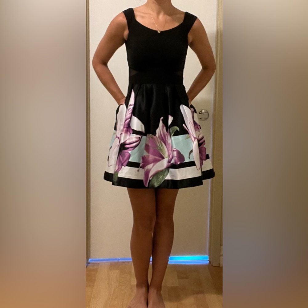 Floral A-Line Dress with Purple and Black Accents